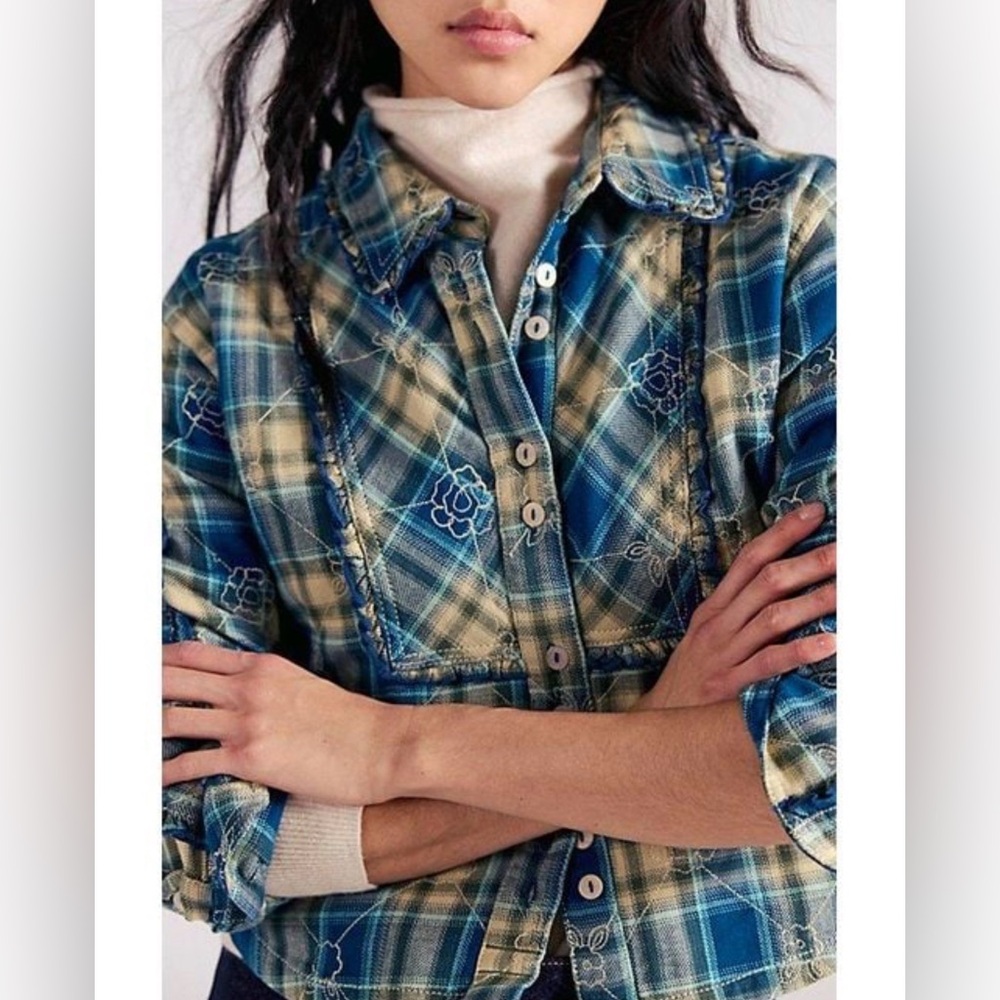 We The Free Georgia Embroidered Plaid Button Down Flannel in Blue Combo (teal)